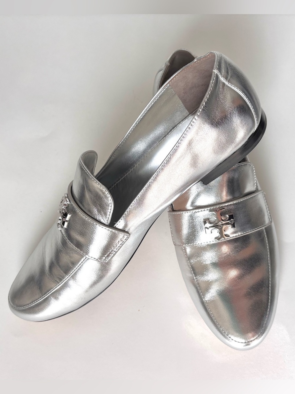 Tory Burch Eleanor Leather Loafer Silver Sz 8.5 New